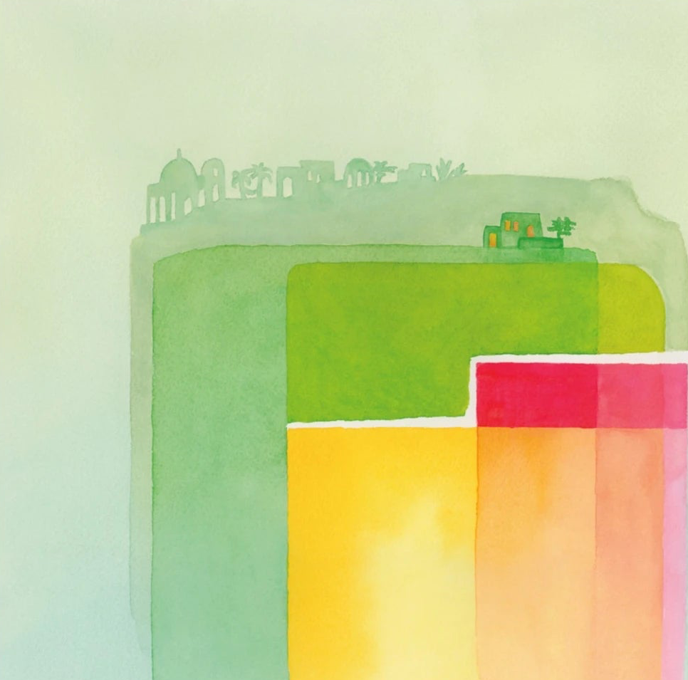 Abstract watercolor artwork featuring overlapping translucent geometric blocks in green, yellow, pink, and peach on a pale mint background, with small architectural silhouettes near the top.